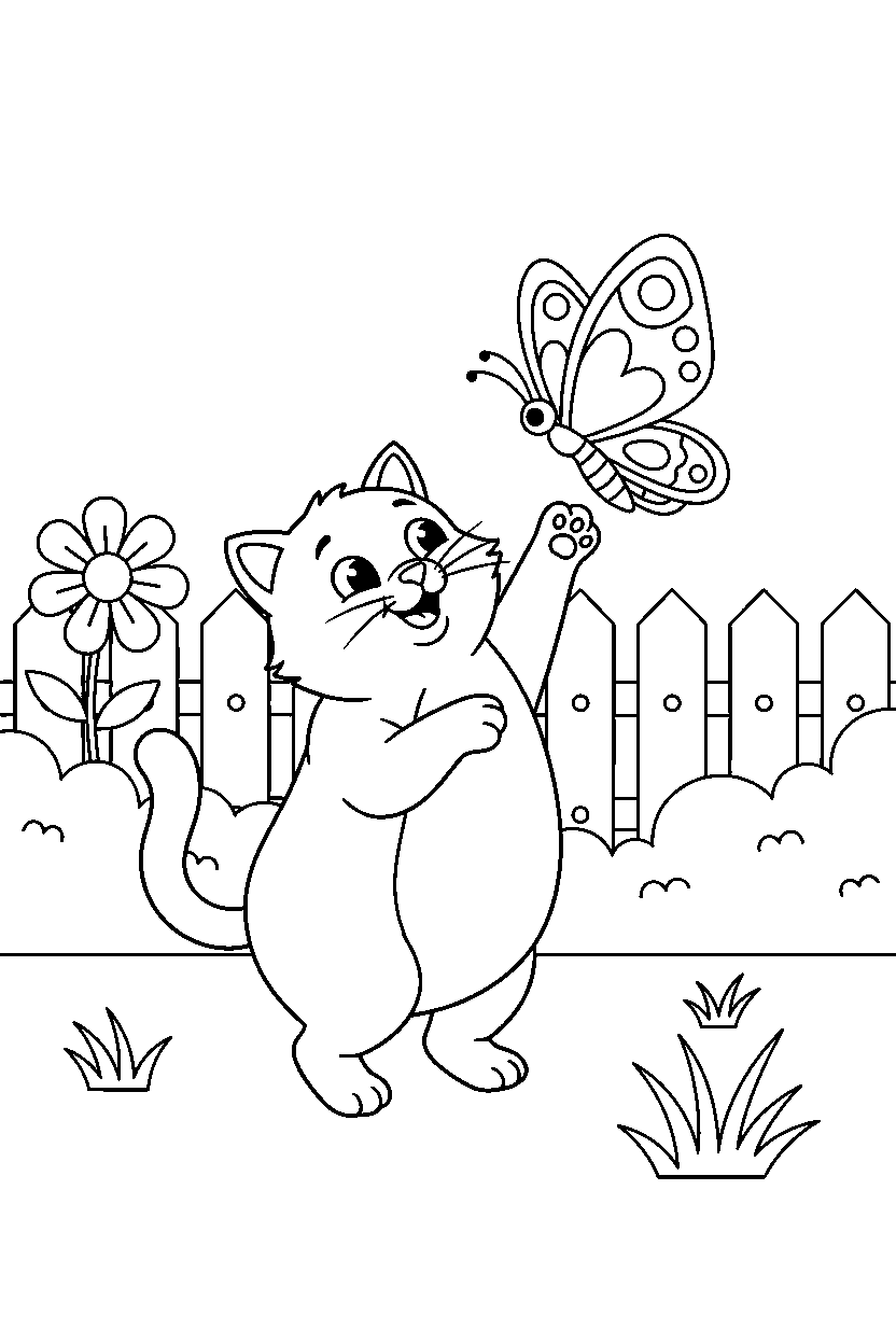 cat playing with a butterfly in a backyard line art
