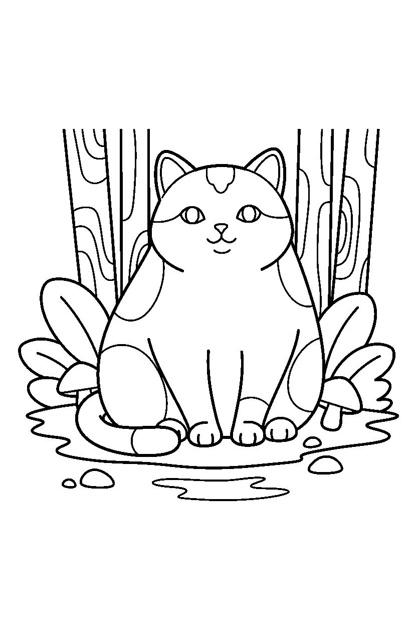 cat sitting calmly in a forest line art