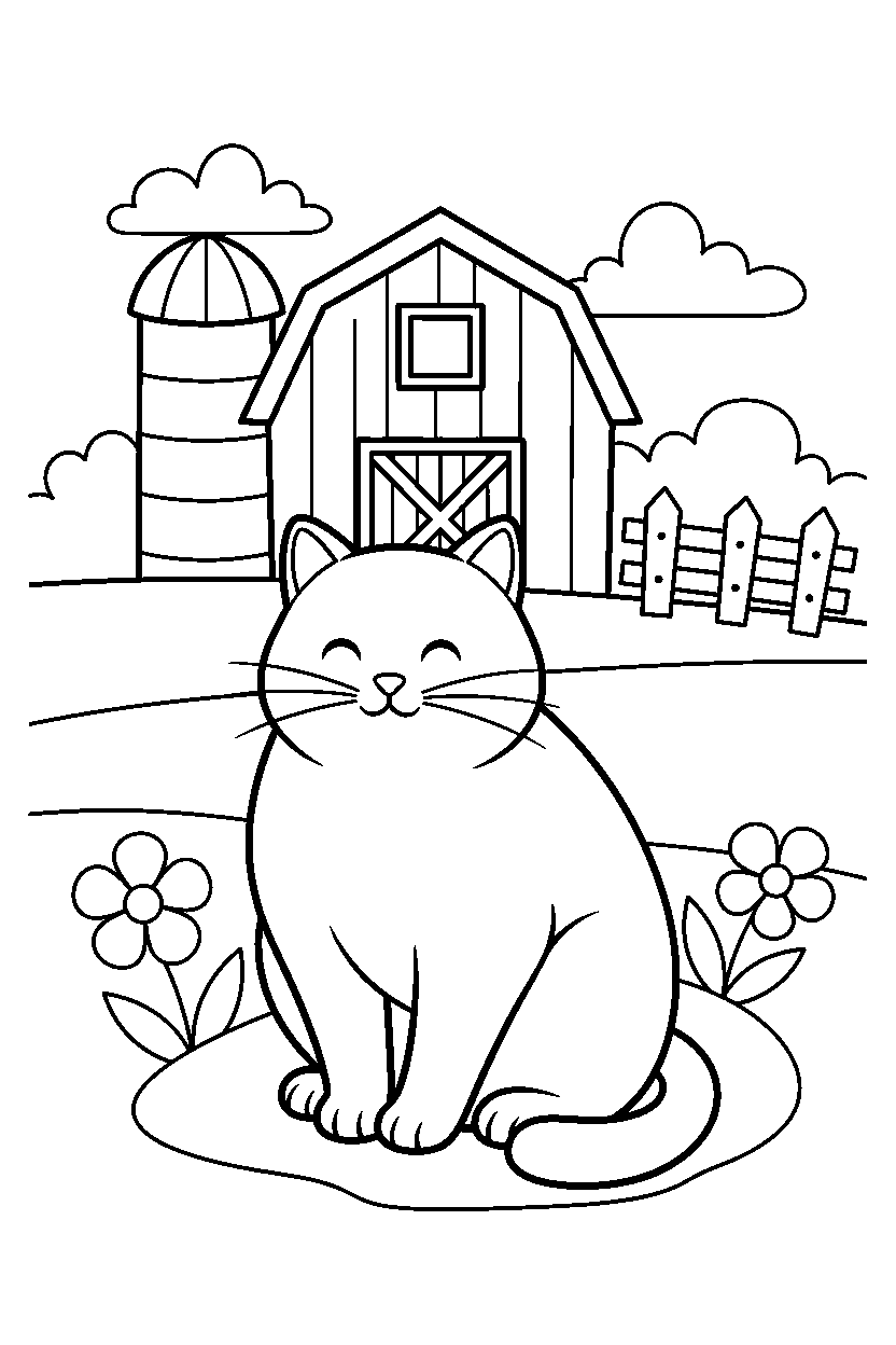 cat sitting calmly on a farm line art