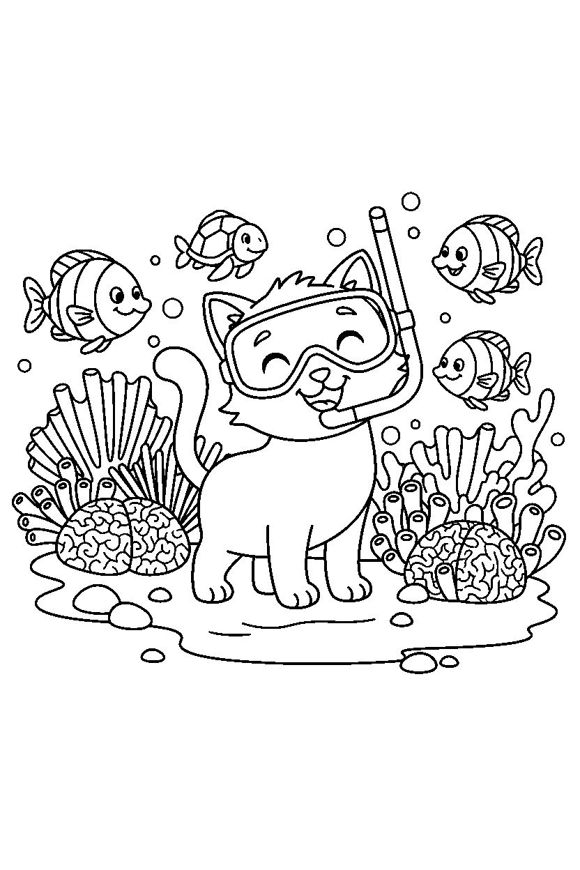 cat standing happily in a coral reef line art