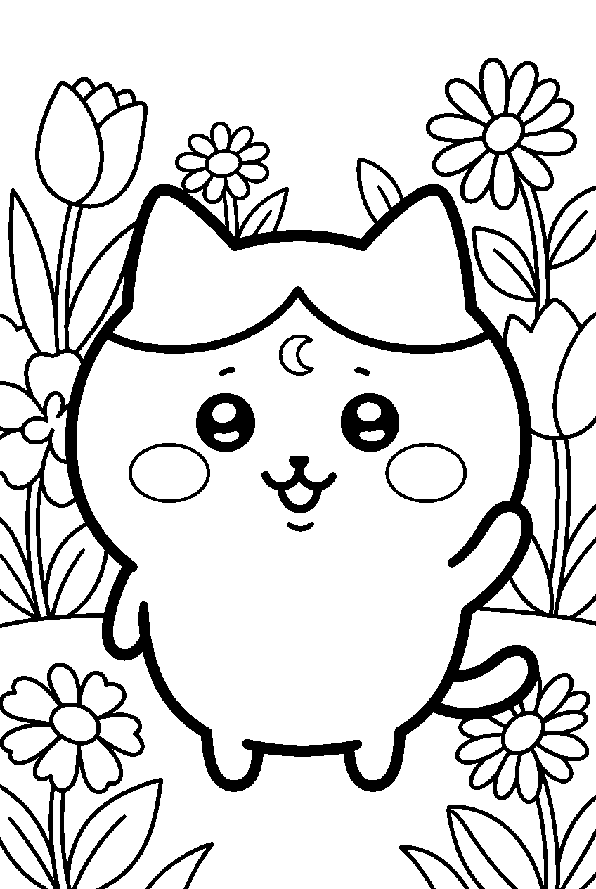 chiikawa hachiware in flower garden line art