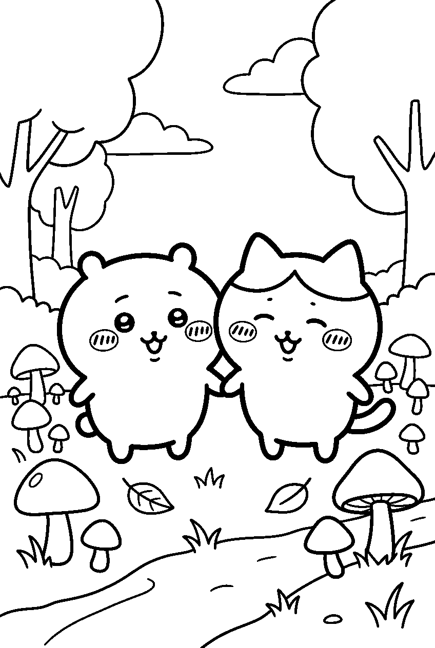 chiikawa hachiware in mushroom forest line art
