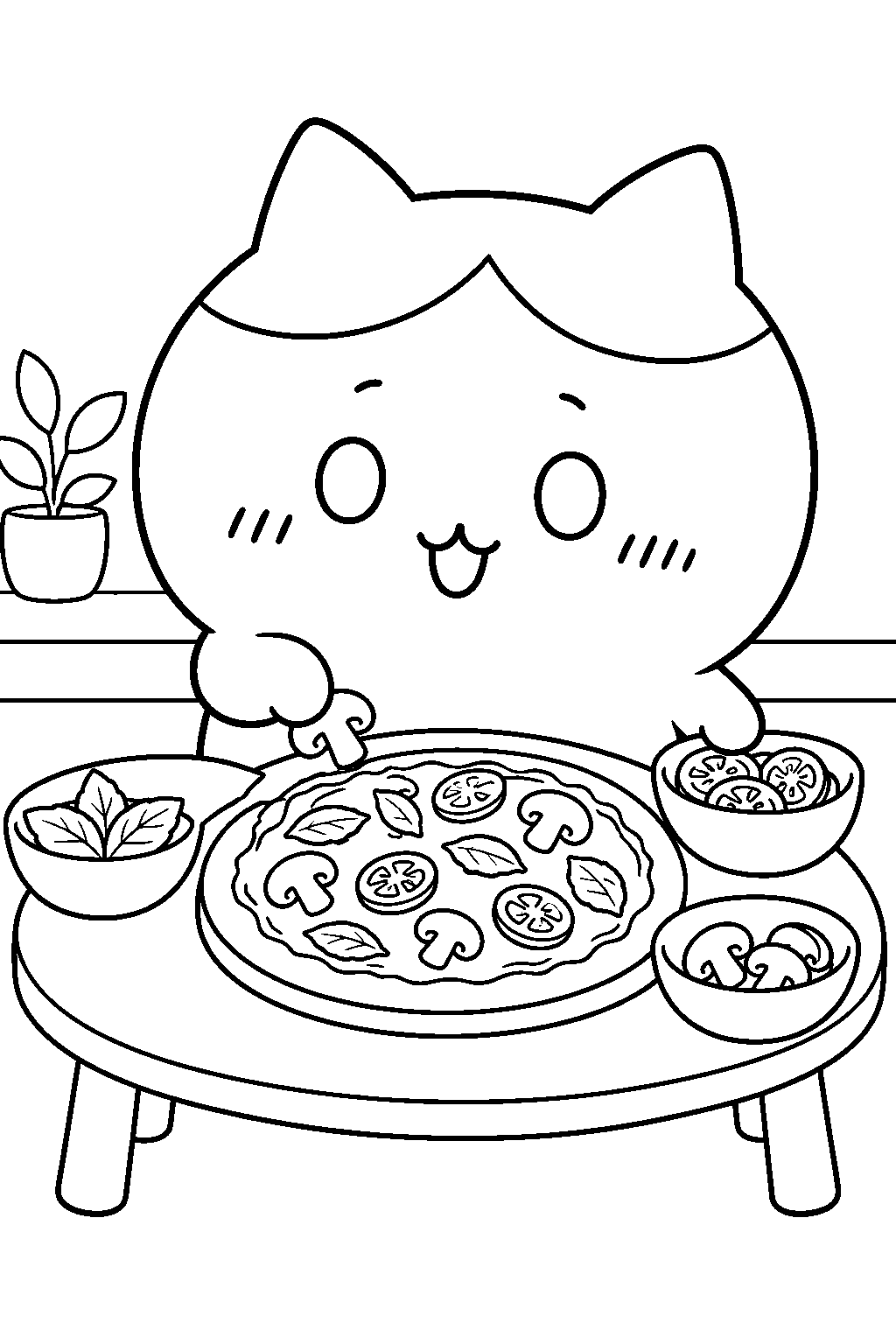 hachiware adding toppings to a homemade pizza line art