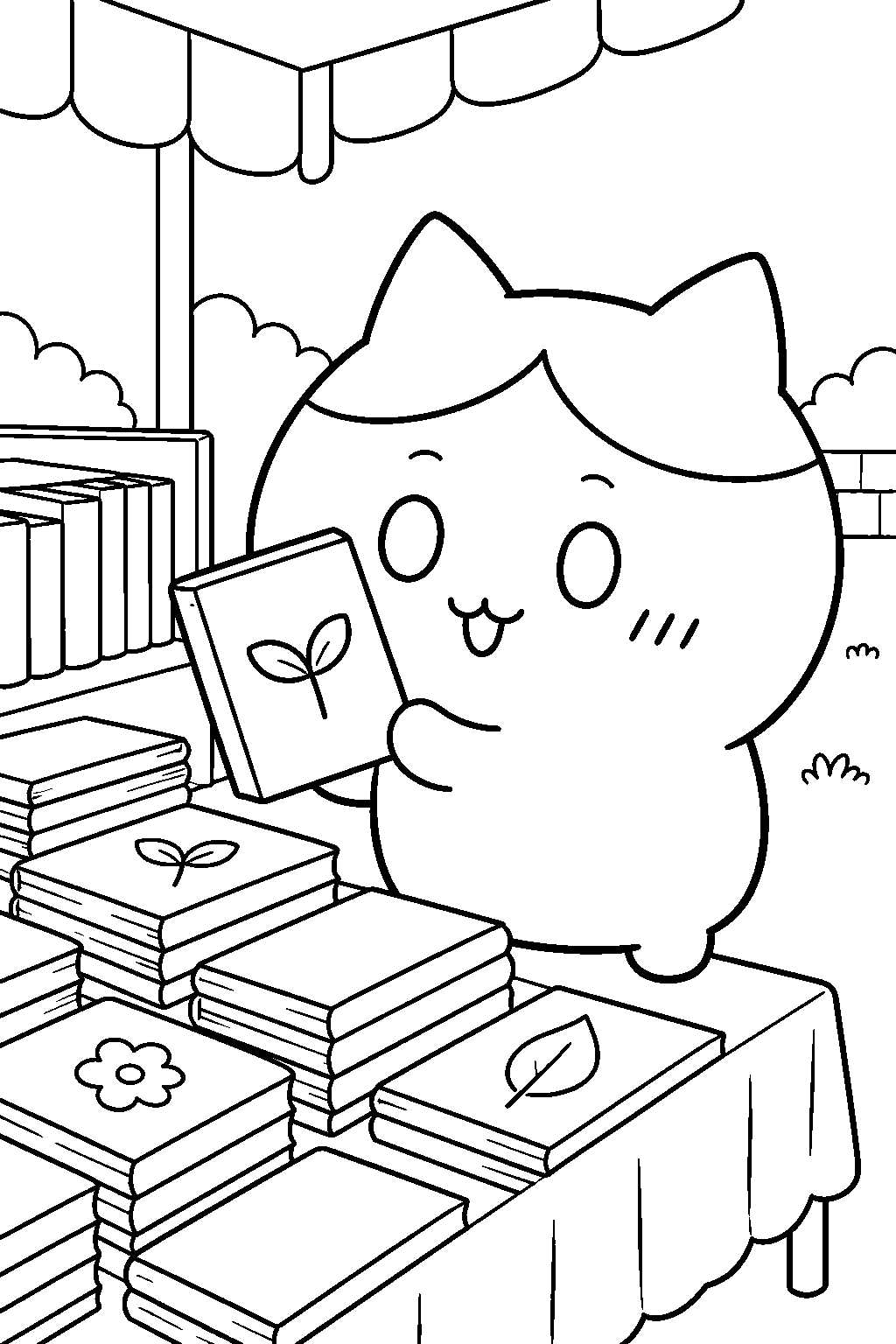 hachiware choosing a study book at a used book stall line art