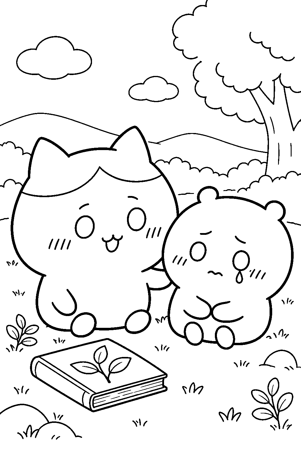 hachiware comforting chiikawa after the weeding exam line art