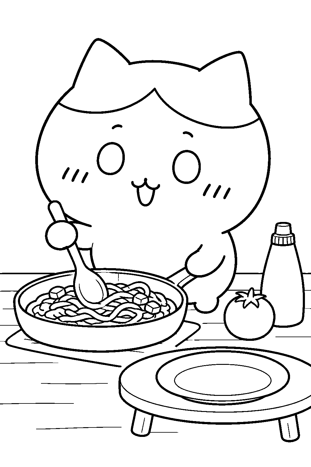 hachiware cooking ketchup pasta line art