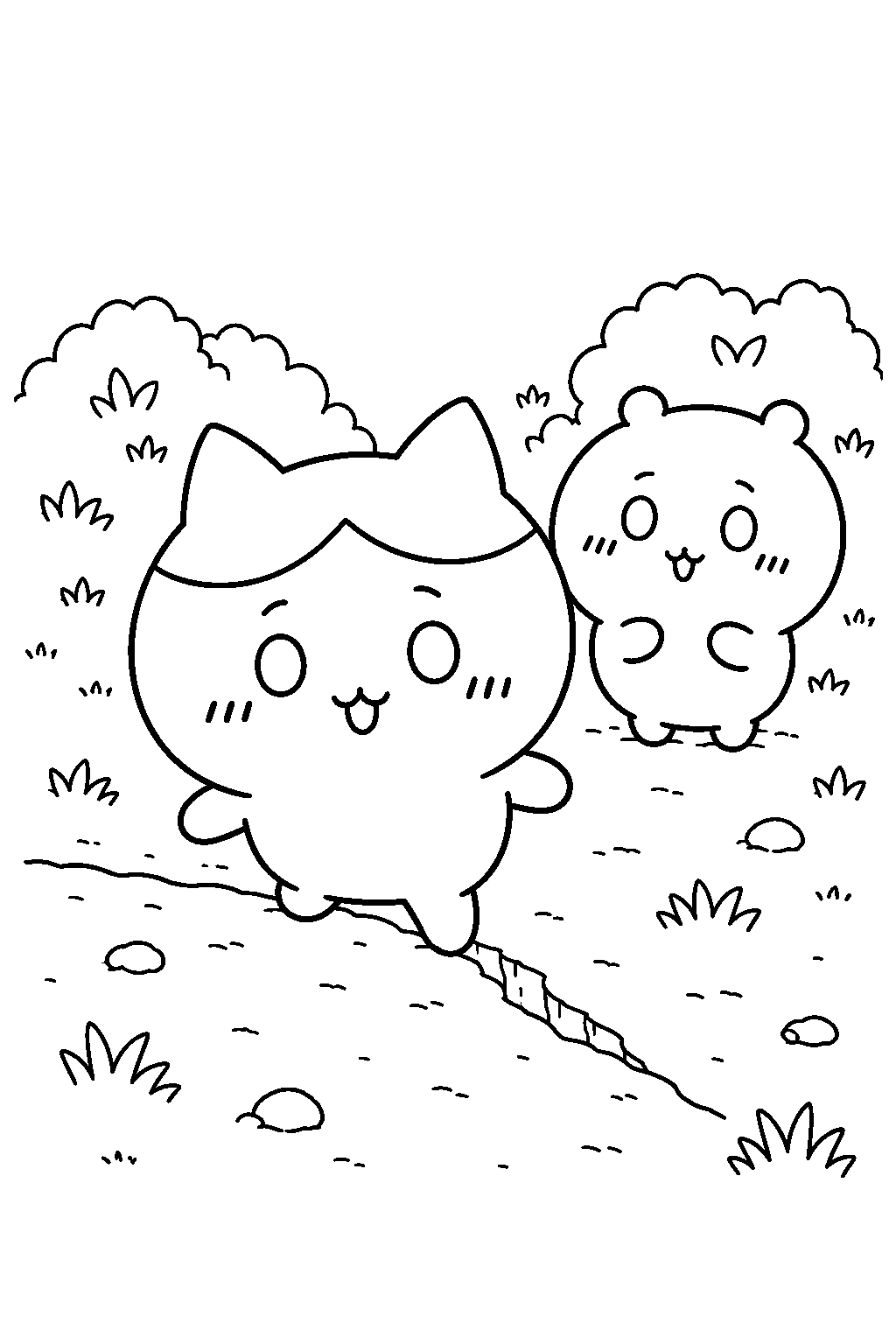 hachiware crossing a crack in the path with chiikawa line art