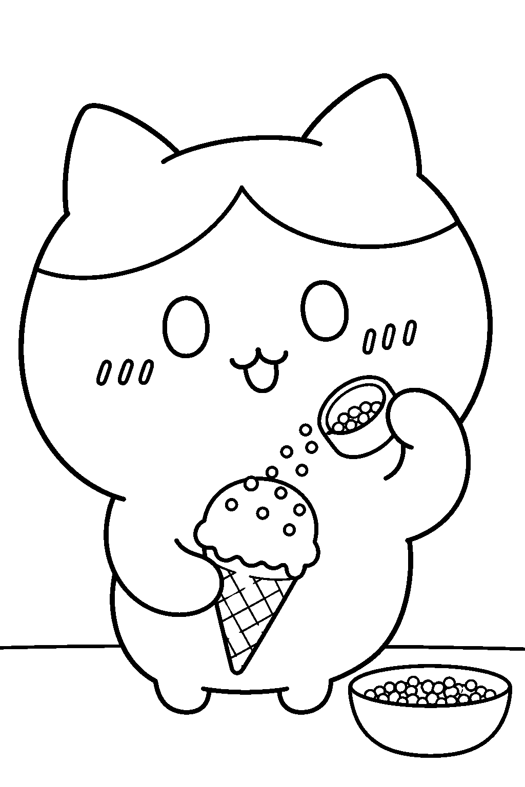 hachiware decorating an ice cream cone with sugar sprinkles line art