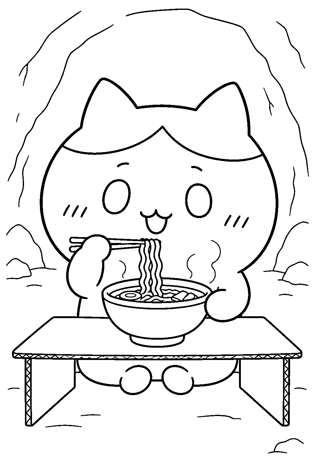 hachiware eating charumera ramen at a cardboard table line art