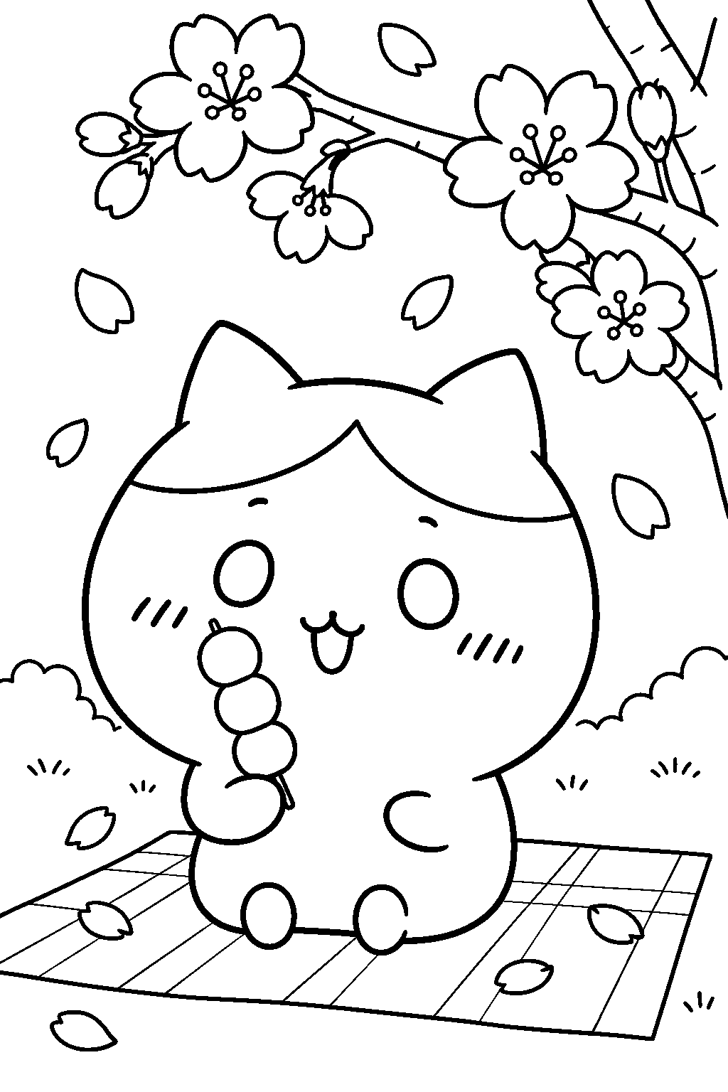 hachiware eating dango beneath cherry blossoms line art