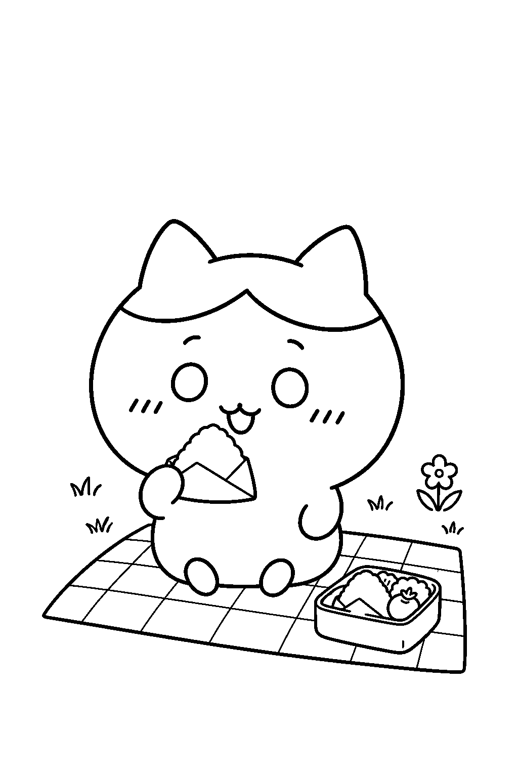 hachiware eating rice balls on a picnic blanket line art