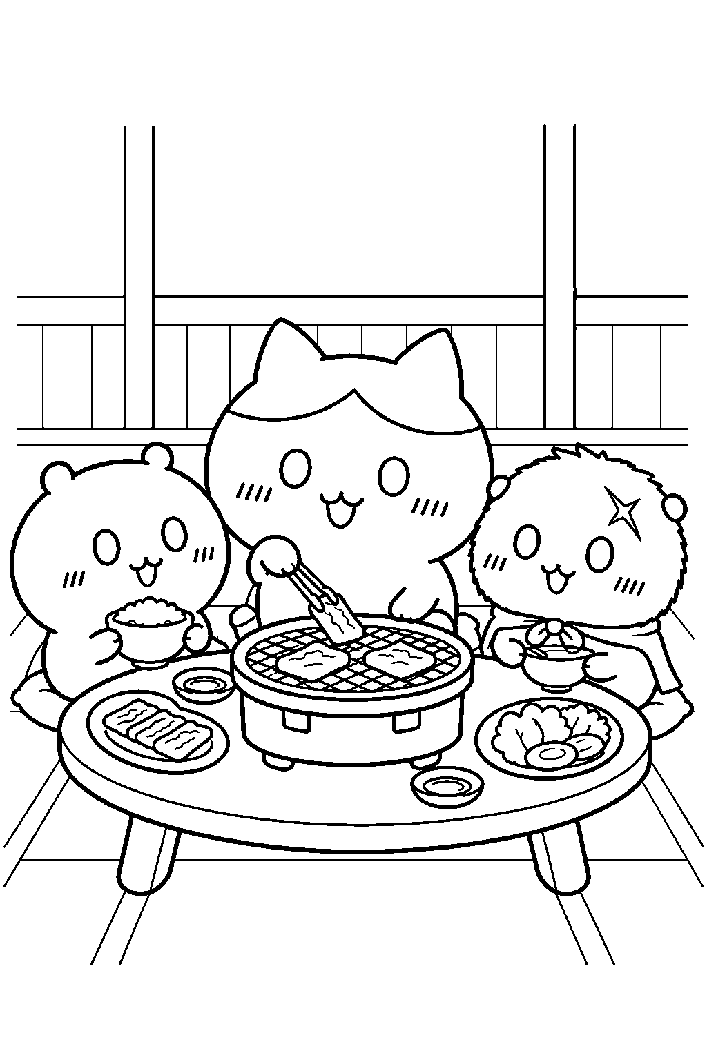 hachiware enjoying yakiniku with chiikawa and rakko line art