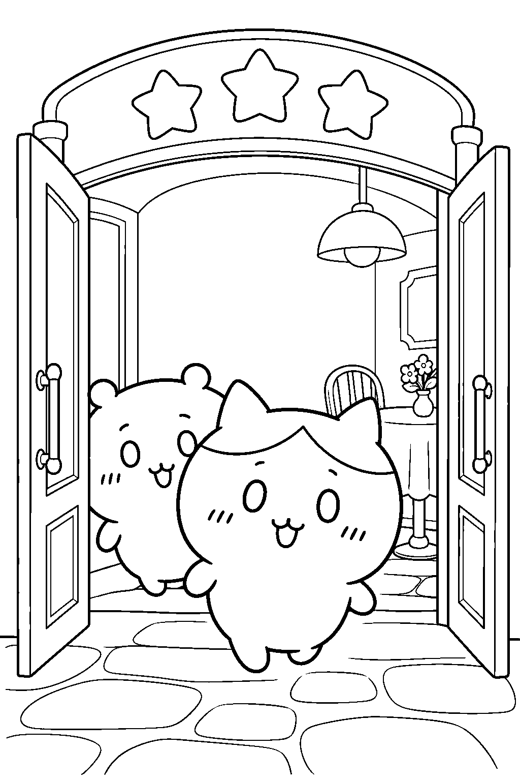 hachiware entering the three star restaurant with chiikawa line art