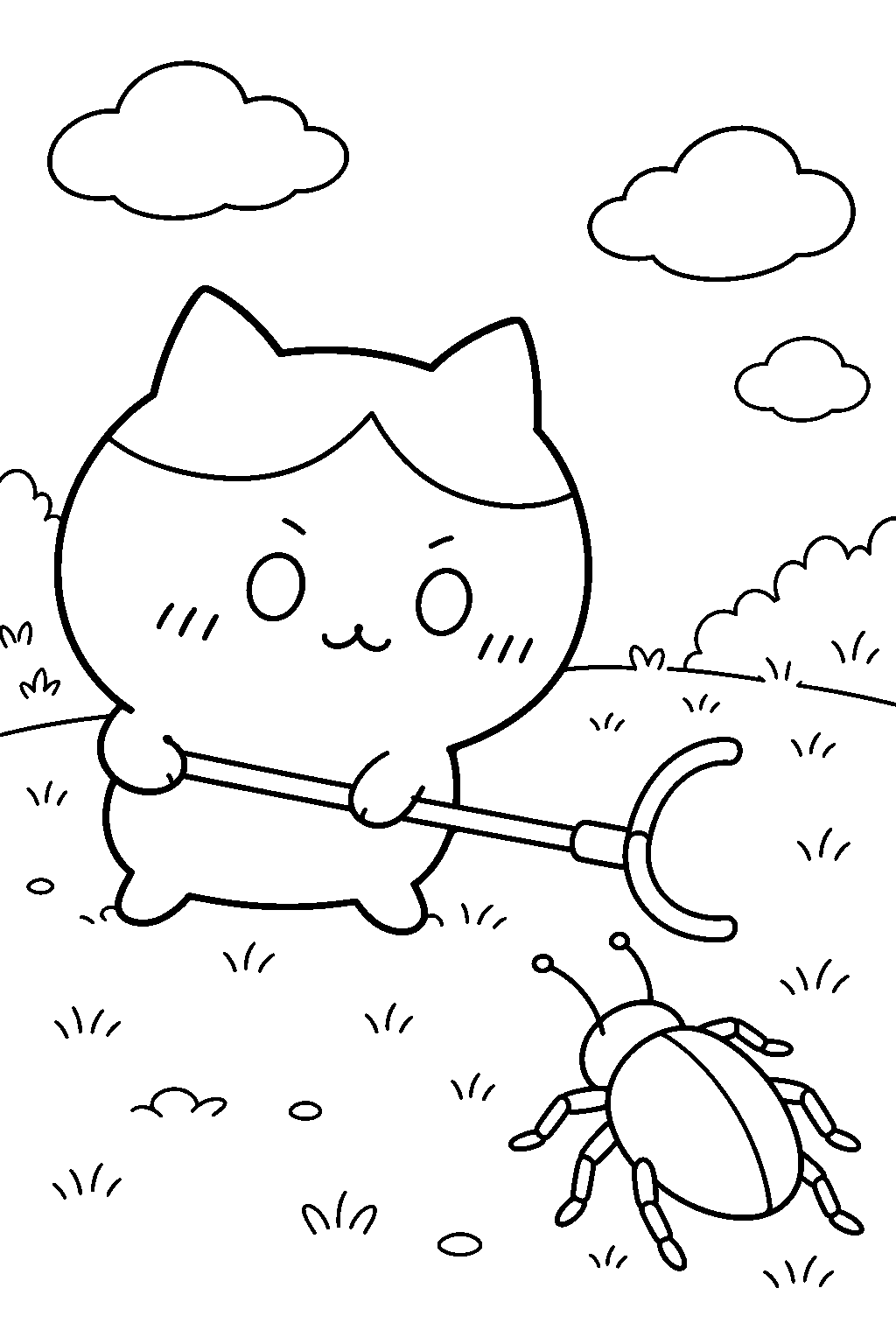 hachiware facing a large bug with a sasumata line art