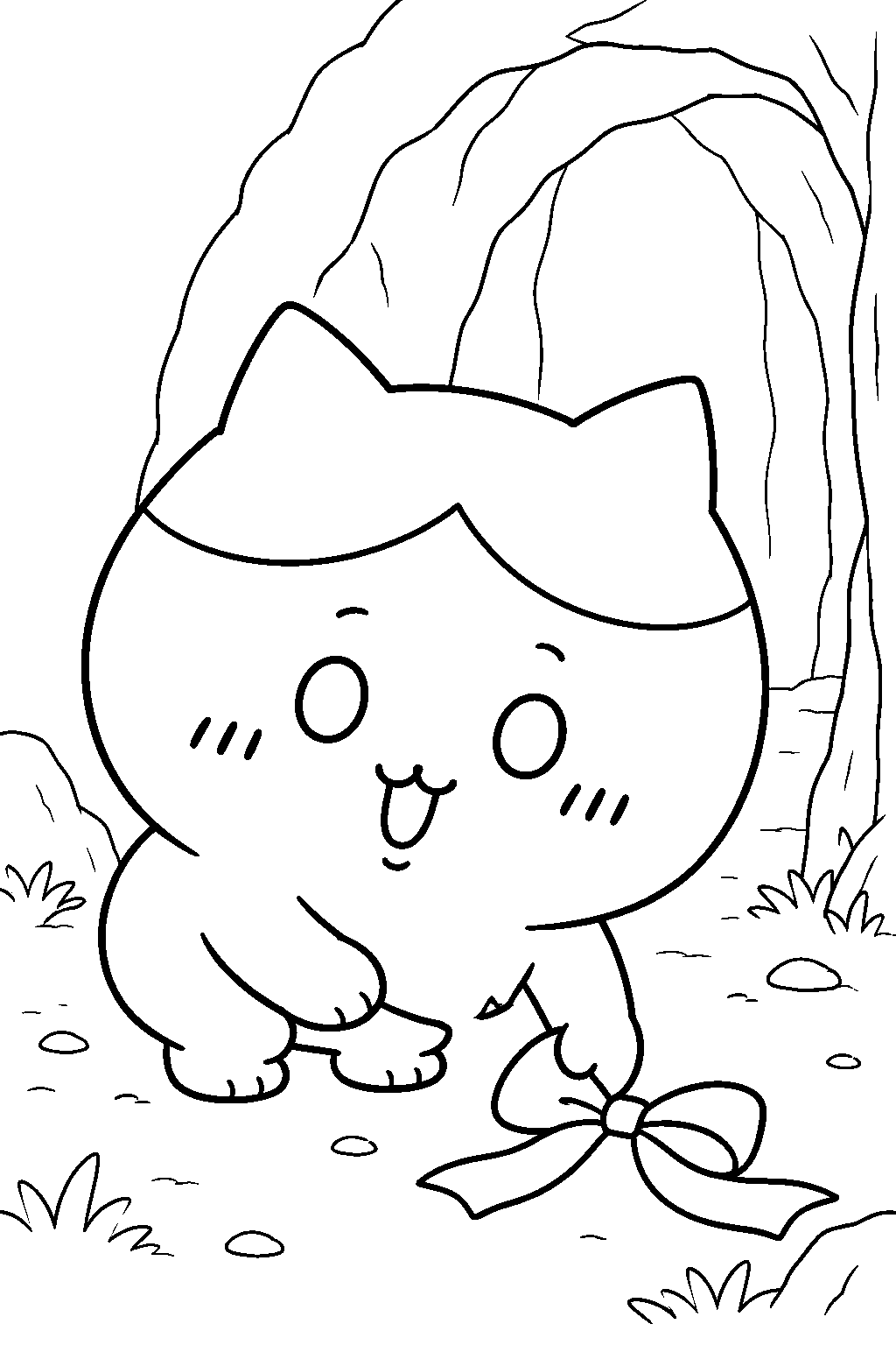 hachiware finding the lost ribbon outside the cave line art