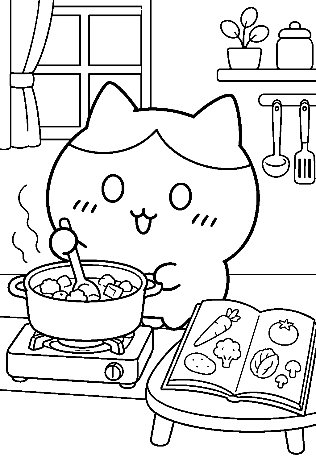hachiware following a cookbook to prepare dinner line art