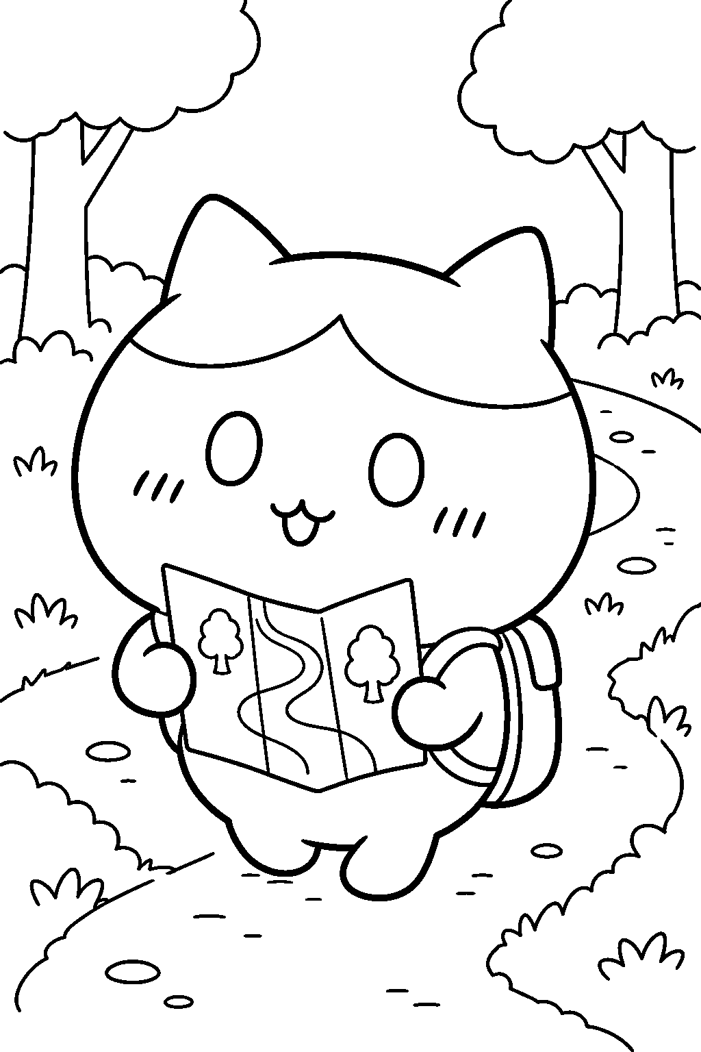 hachiware following an adventure map along a woodland path line art