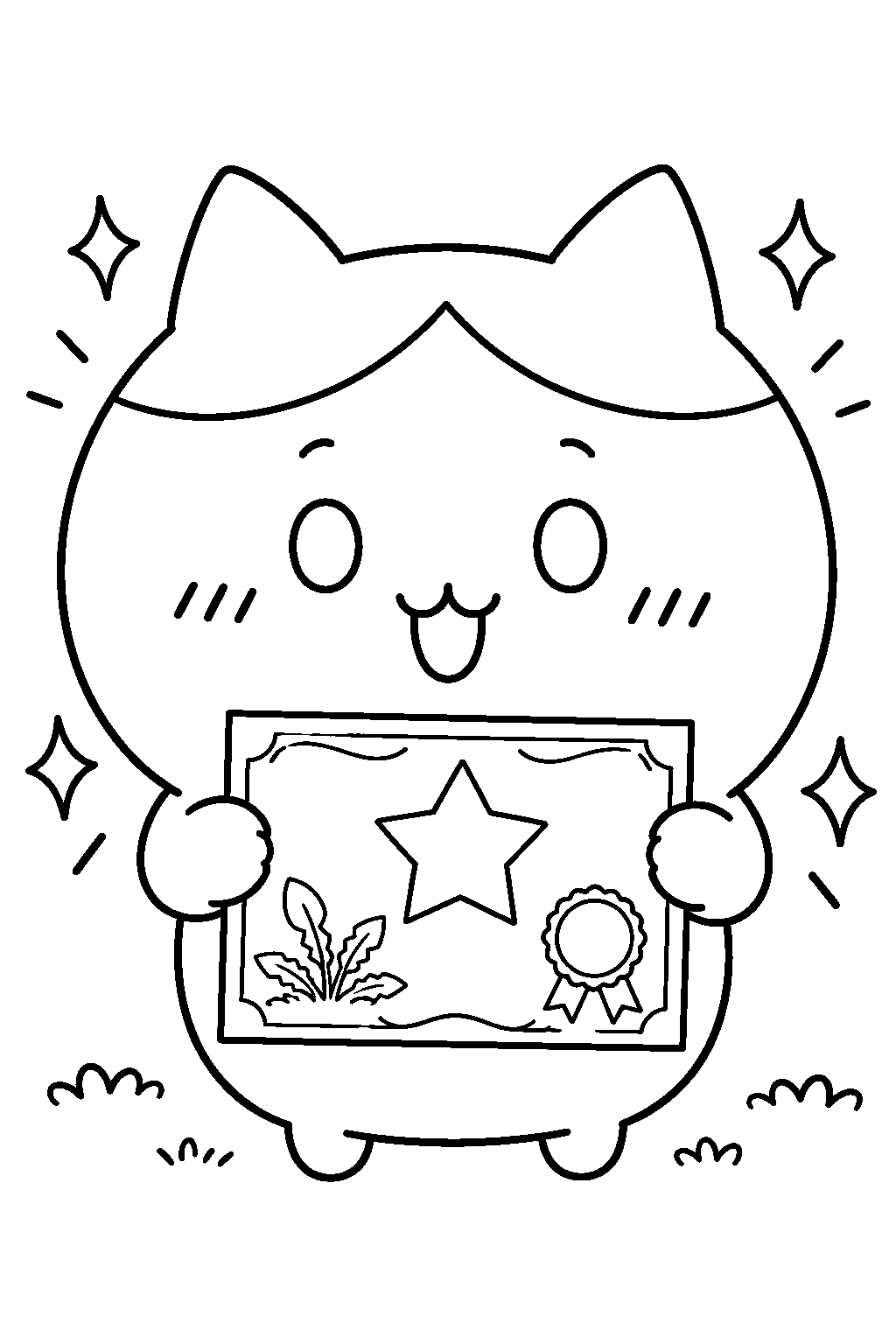 hachiware holding a grade five weeding certificate line art