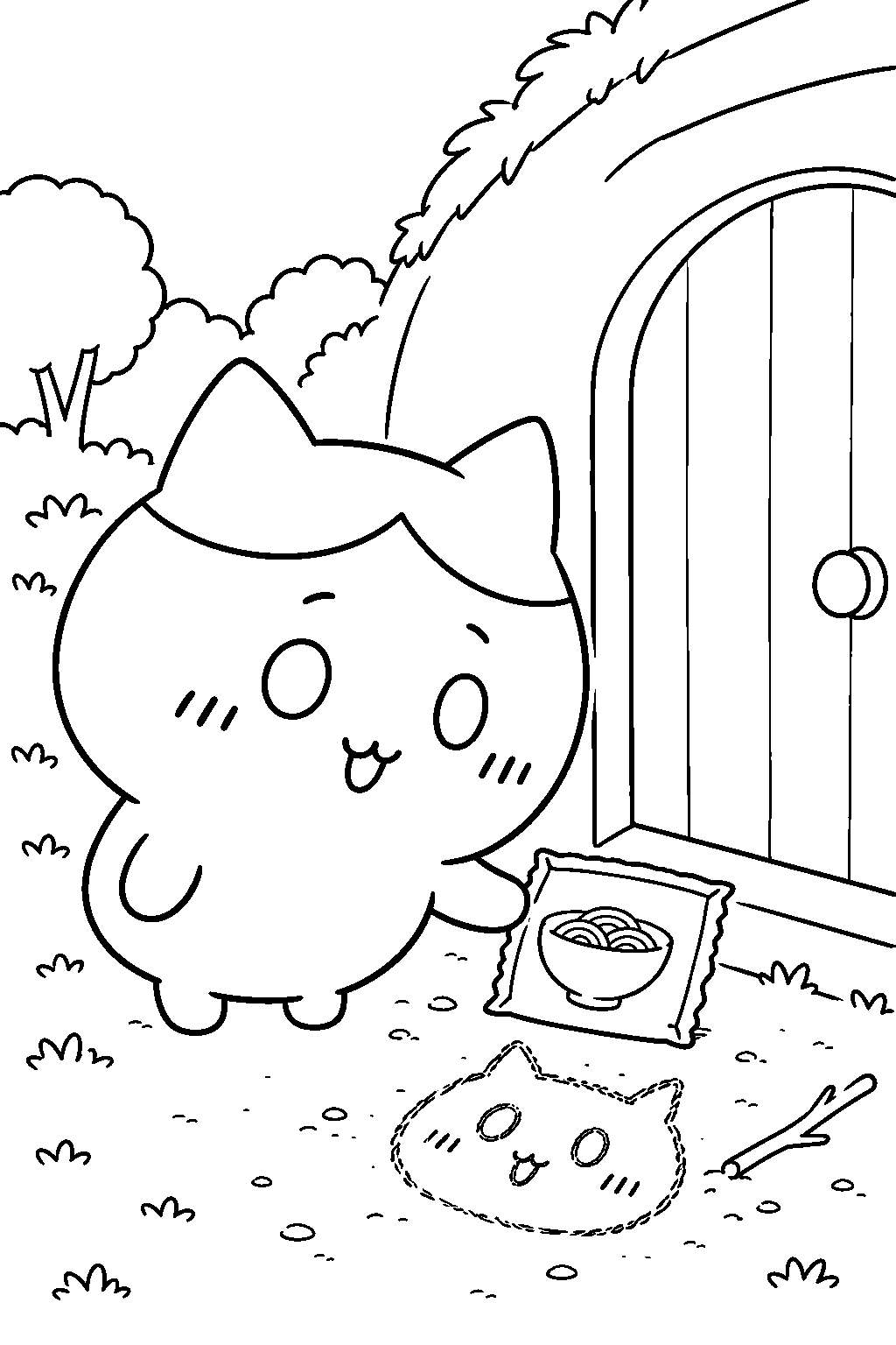 hachiware leaving charumera ramen and a self portrait outside chiikawa s house line art