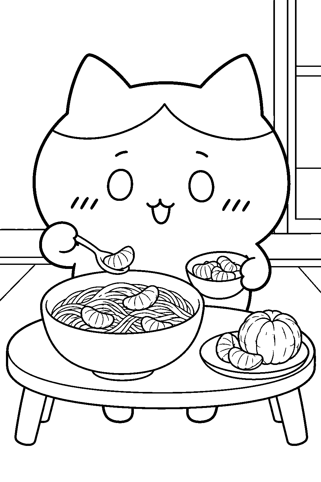 hachiware making mandarin orange somen noodles line art