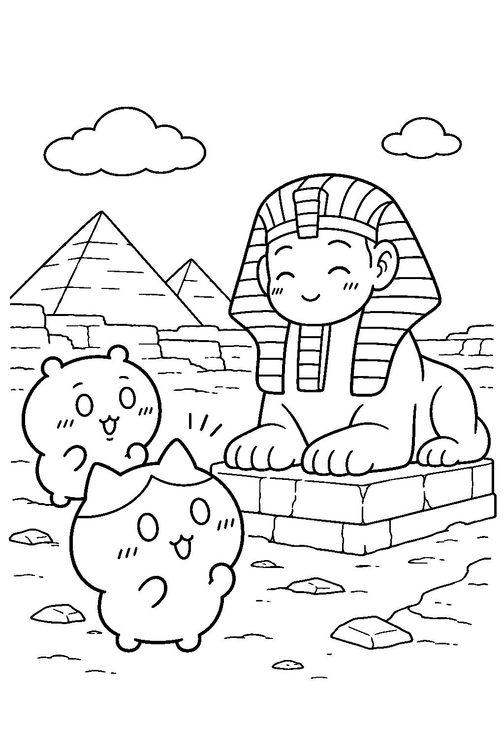 hachiware meeting a sphinx beside chiikawa line art