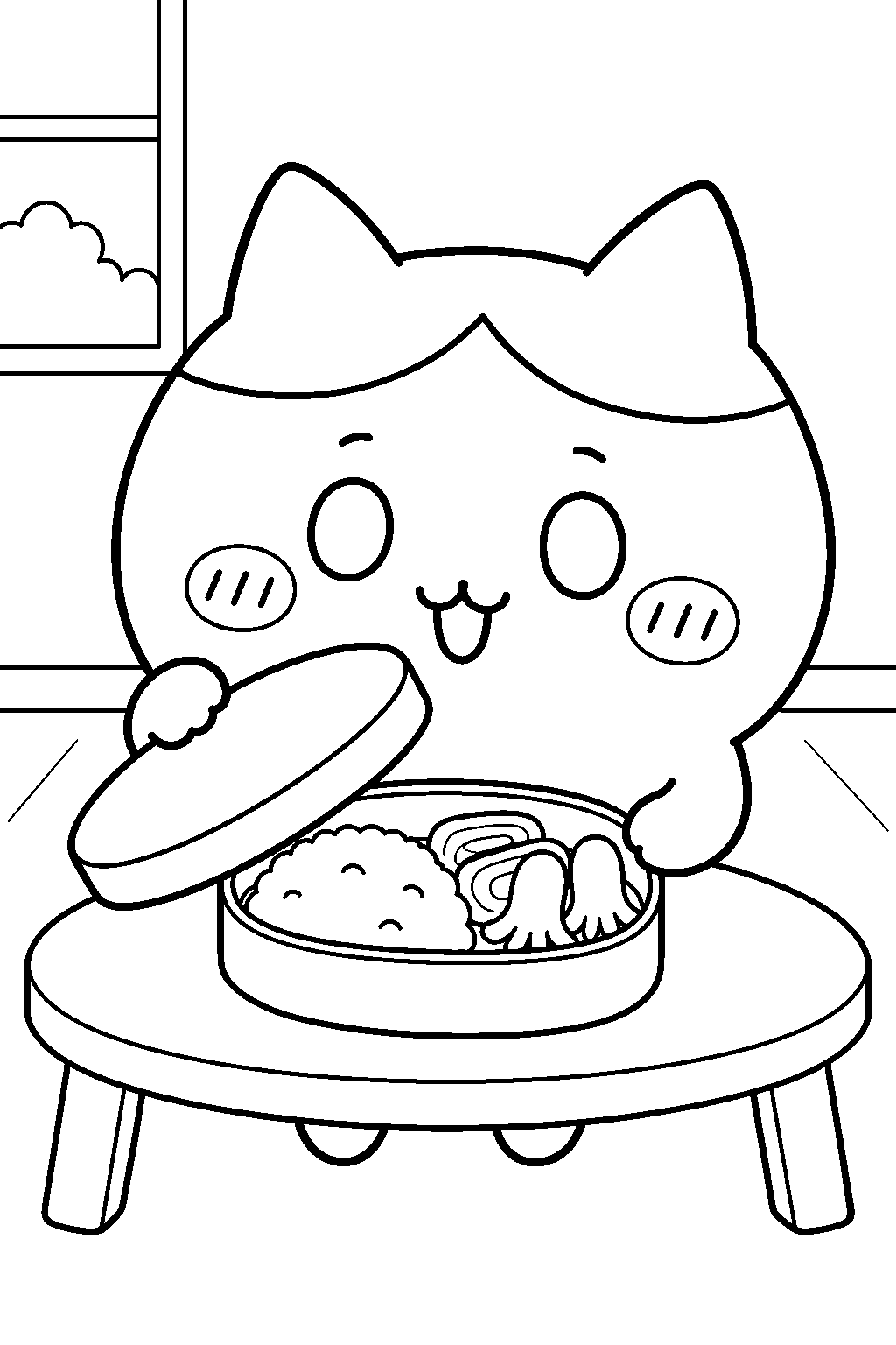 hachiware opening a bento lunch from pochette yoroi san line art