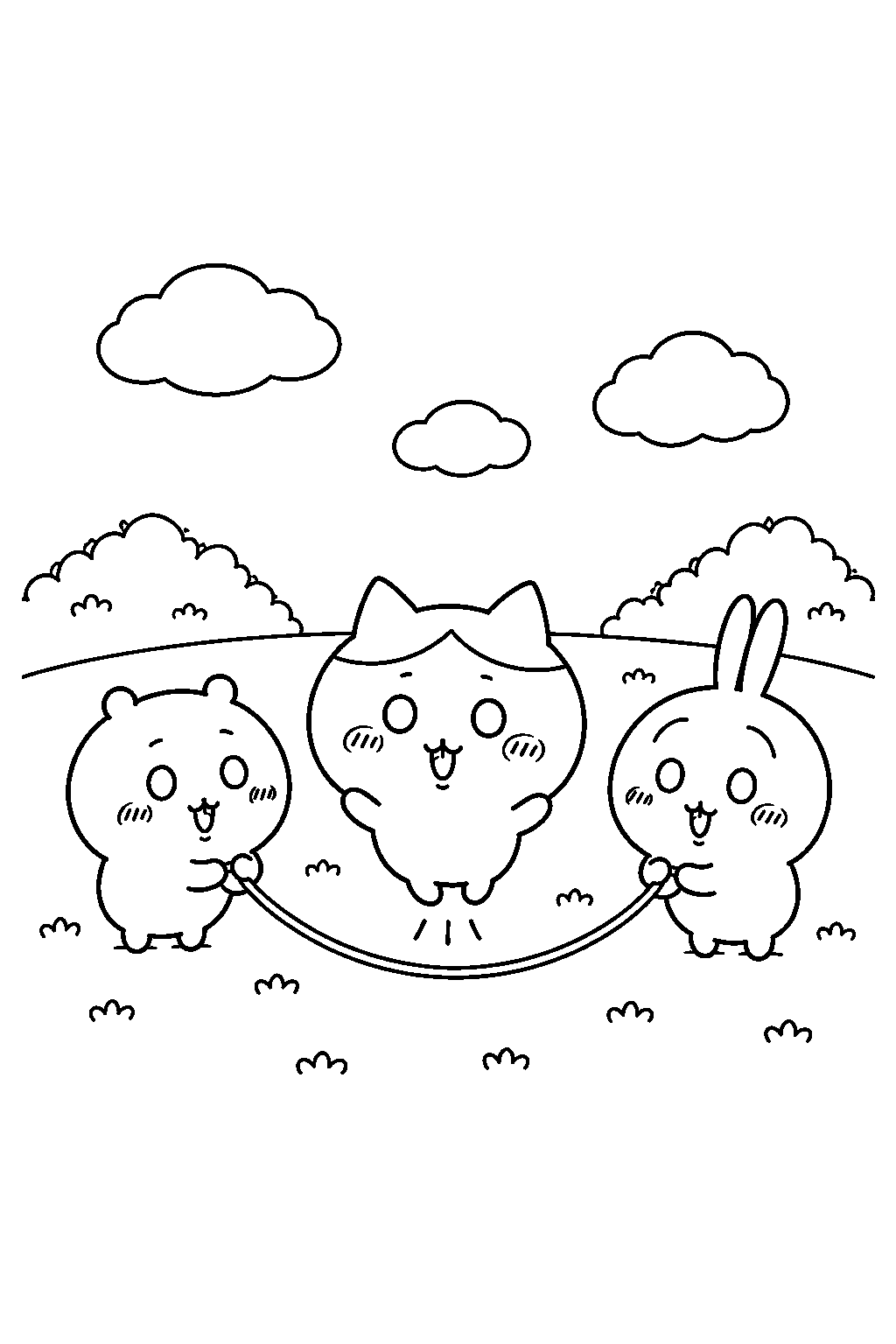 hachiware playing jump rope with chiikawa and usagi line art