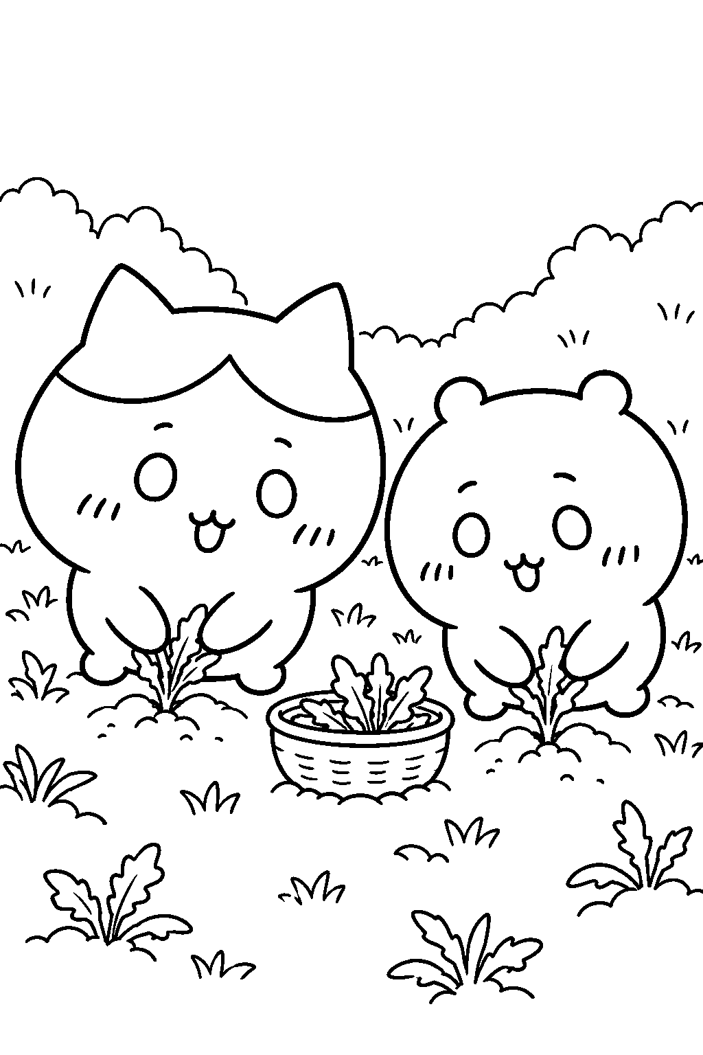 hachiware pulling weeds beside chiikawa line art