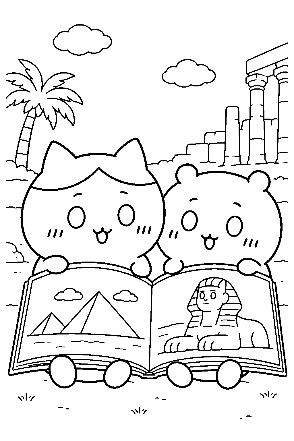hachiware reading an egypt book with chiikawa line art