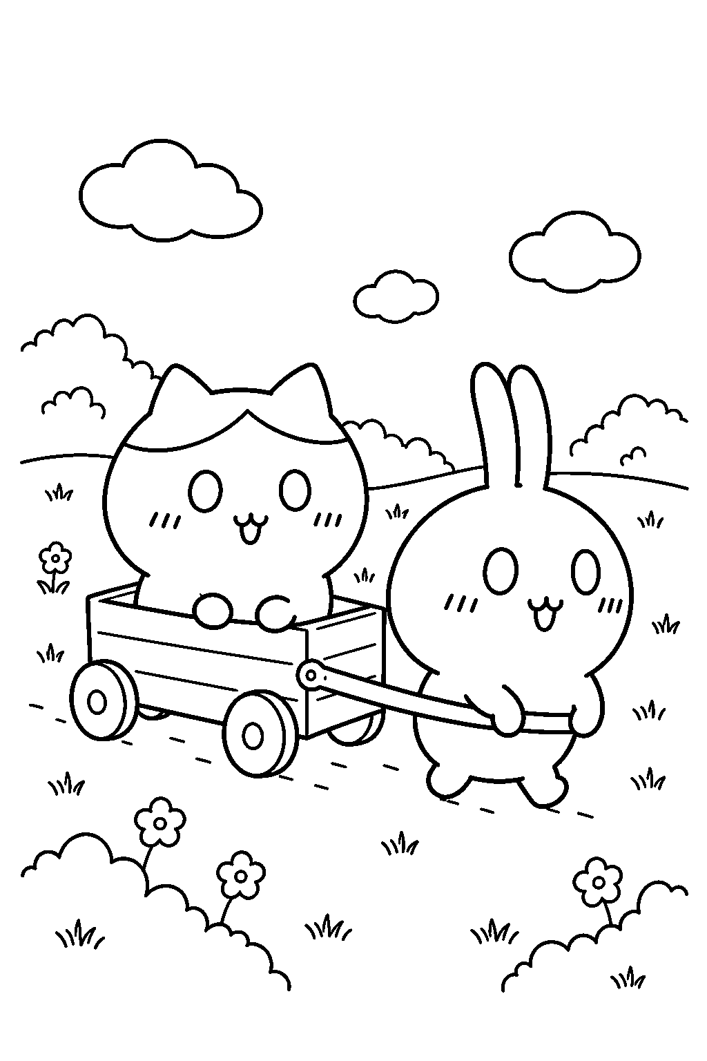 hachiware riding in a wooden cart pulled by usagi line art