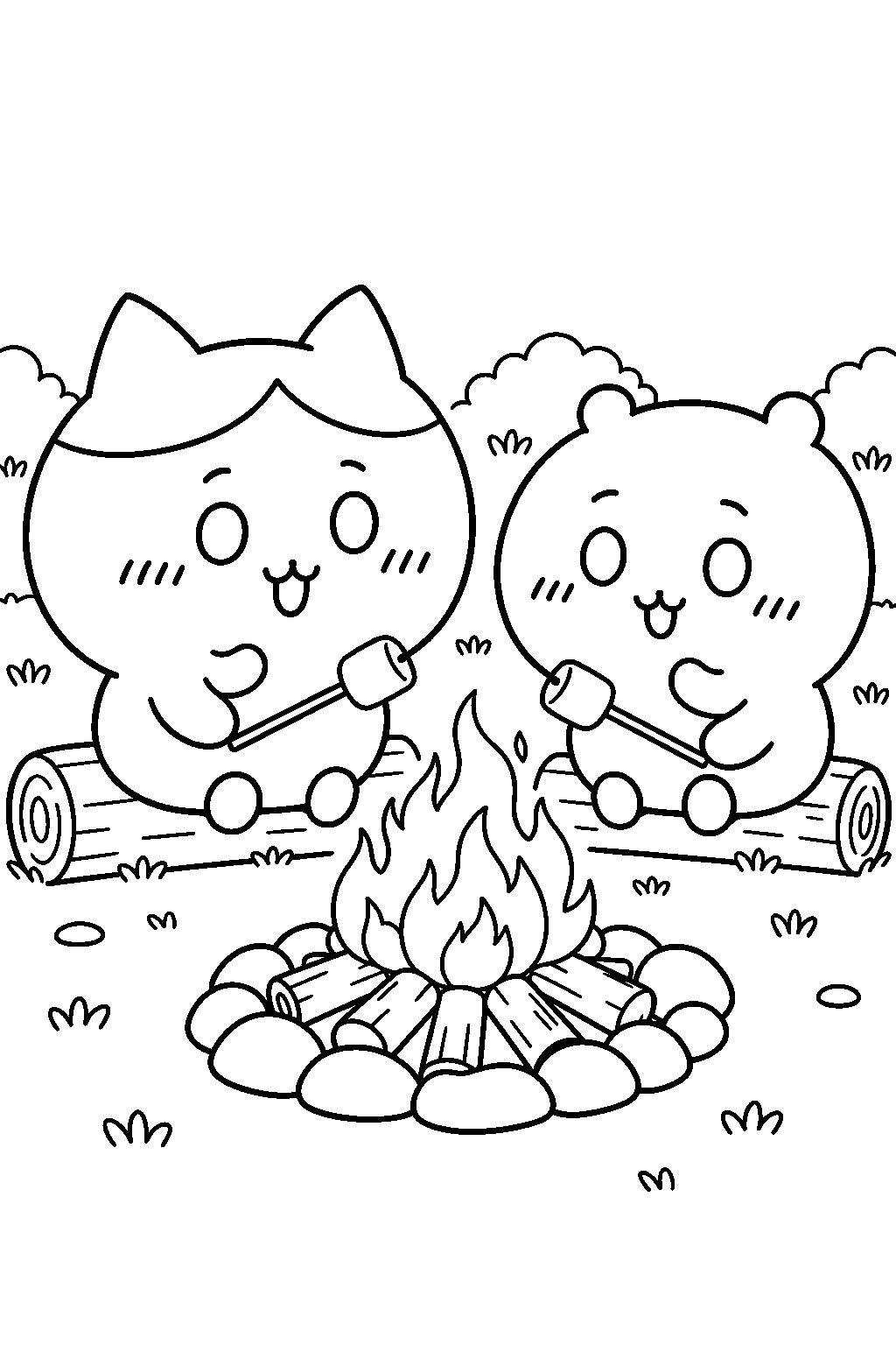hachiware roasting a marshmallow beside chiikawa line art