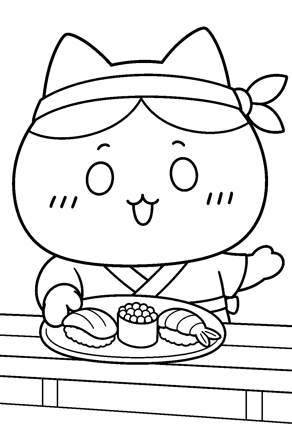 hachiware serving sushi in a sushi chef headband line art