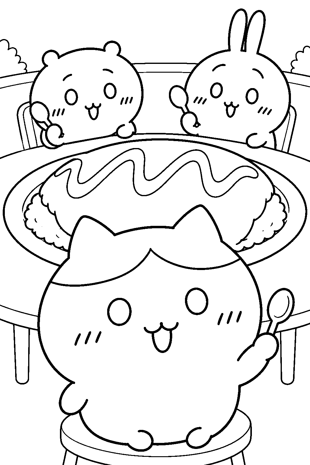 hachiware sharing giant omurice with chiikawa and usagi line art