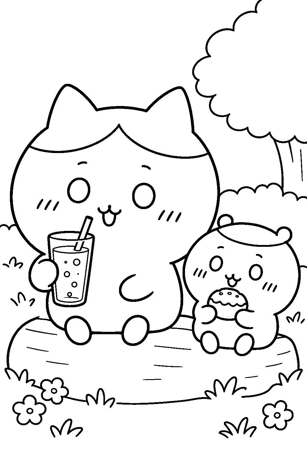 hachiware sipping ginger ale beside kurimanju line art