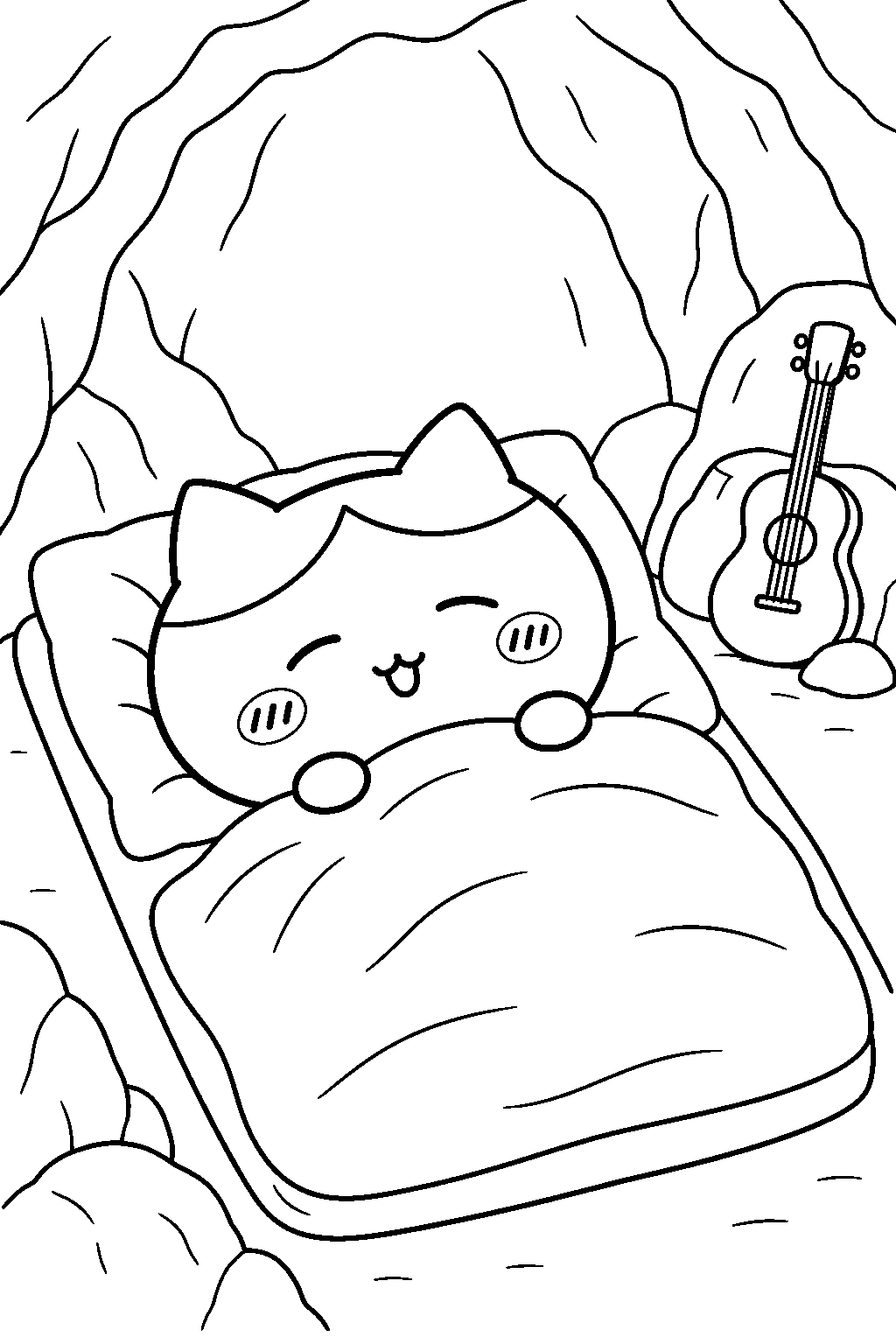 hachiware sleeping on a futon inside the cave line art