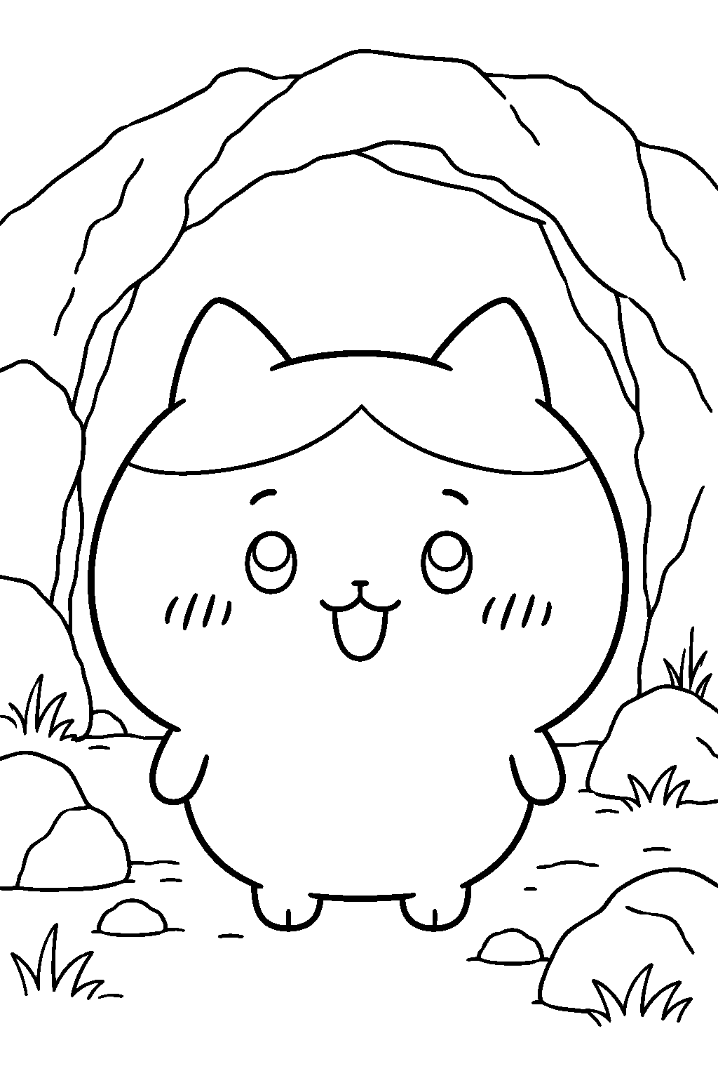 hachiware smiling at the entrance to the cave home line art