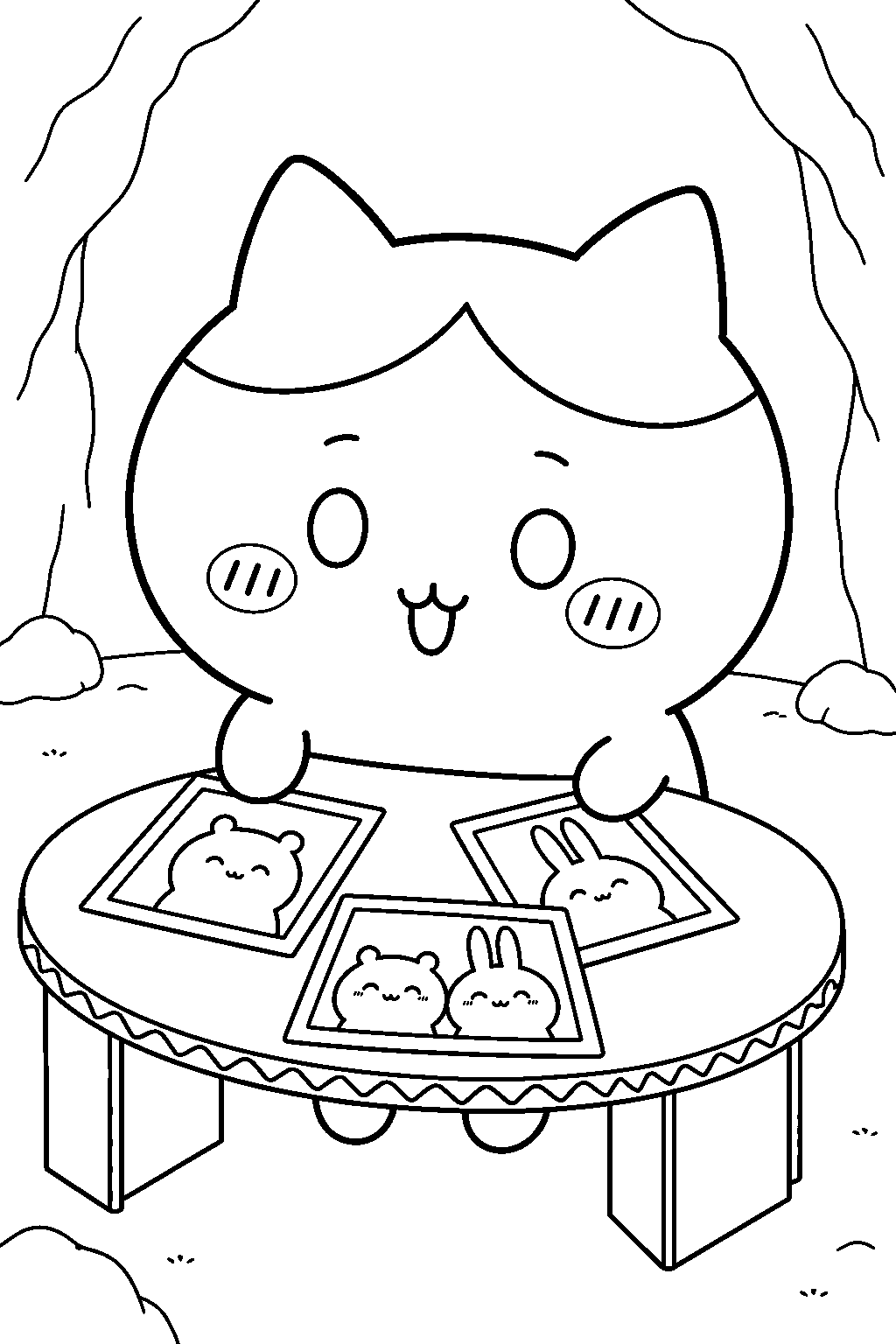 hachiware sorting printed photos at the cave table line art