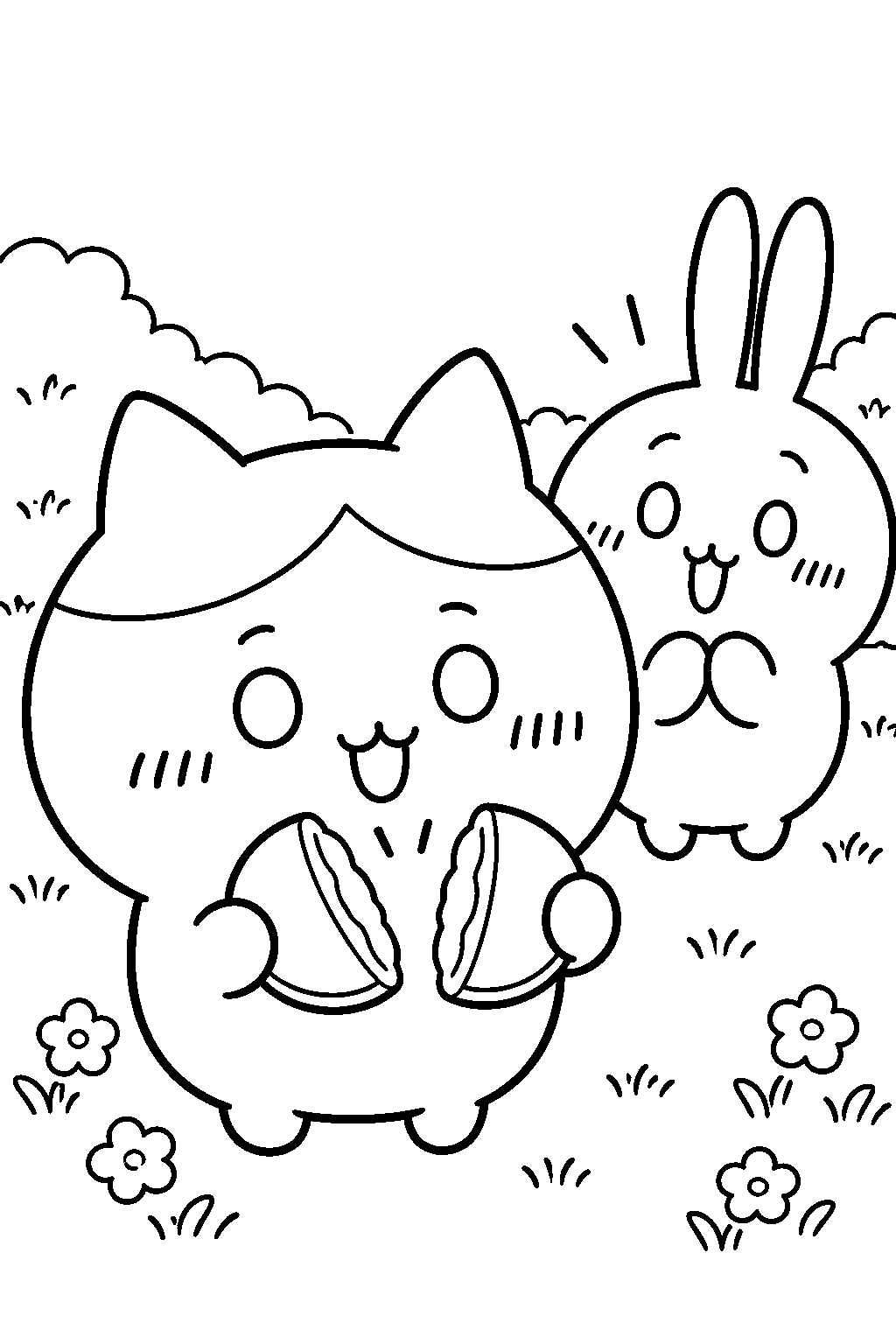 hachiware splitting a dorayaki with usagi line art