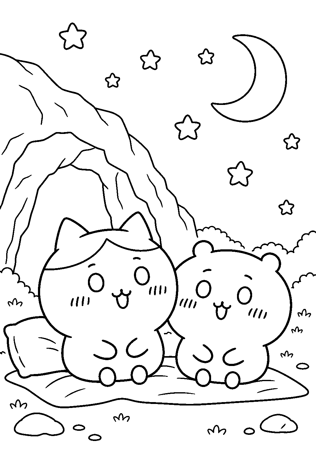 hachiware stargazing with chiikawa during a sleepover line art