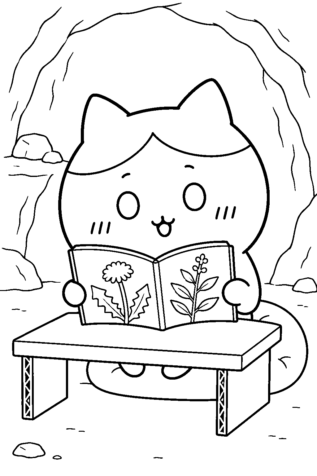 hachiware studying a weeding guide inside the cave line art
