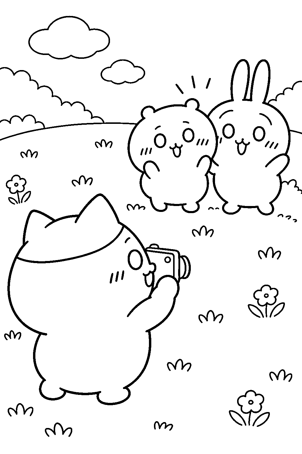 hachiware taking a photo of chiikawa and usagi line art