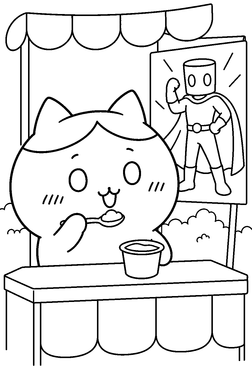 hachiware tasting yogurt at muchauman s sample event line art