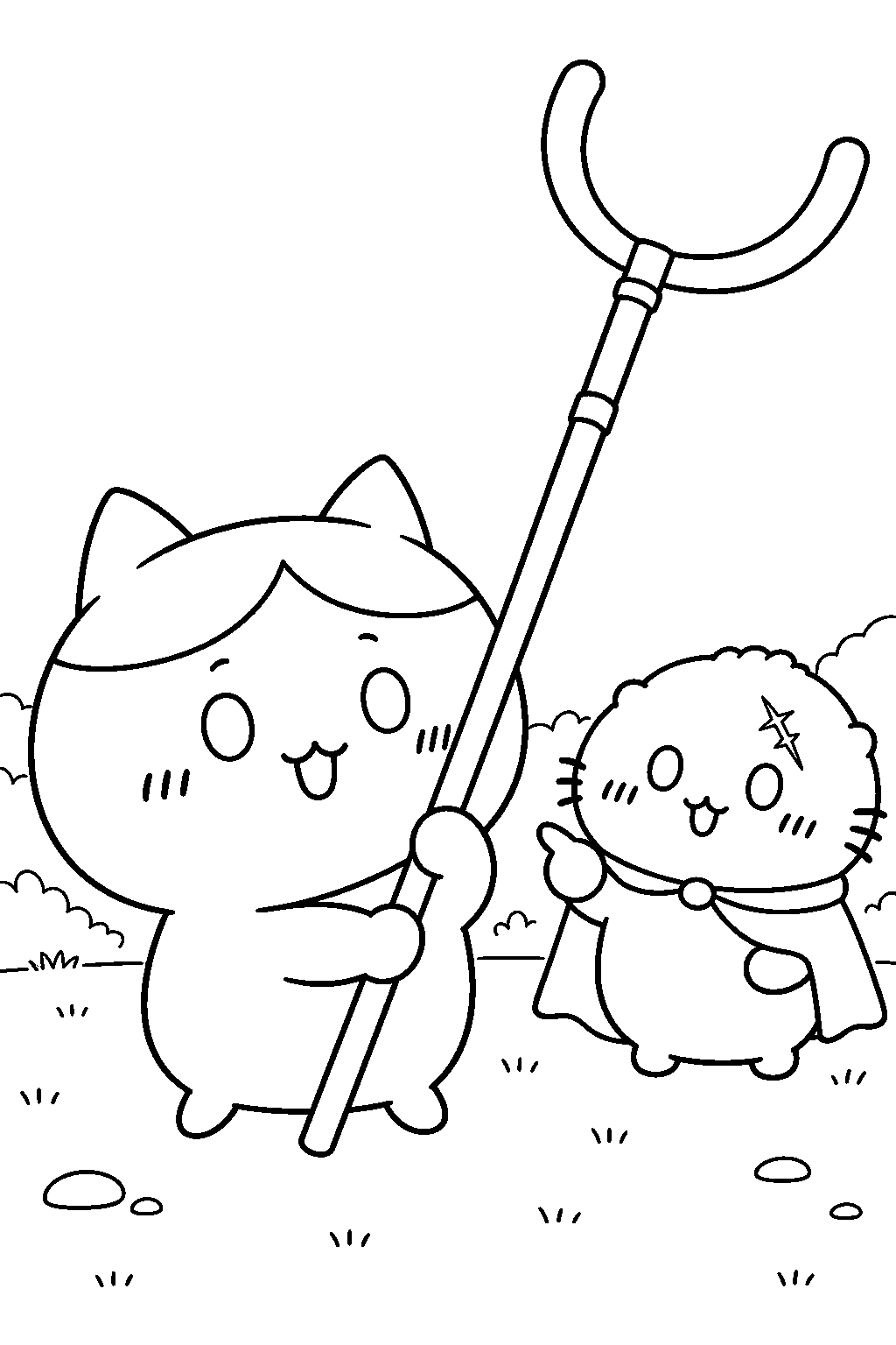 hachiware training with a sasumata beside rakko line art