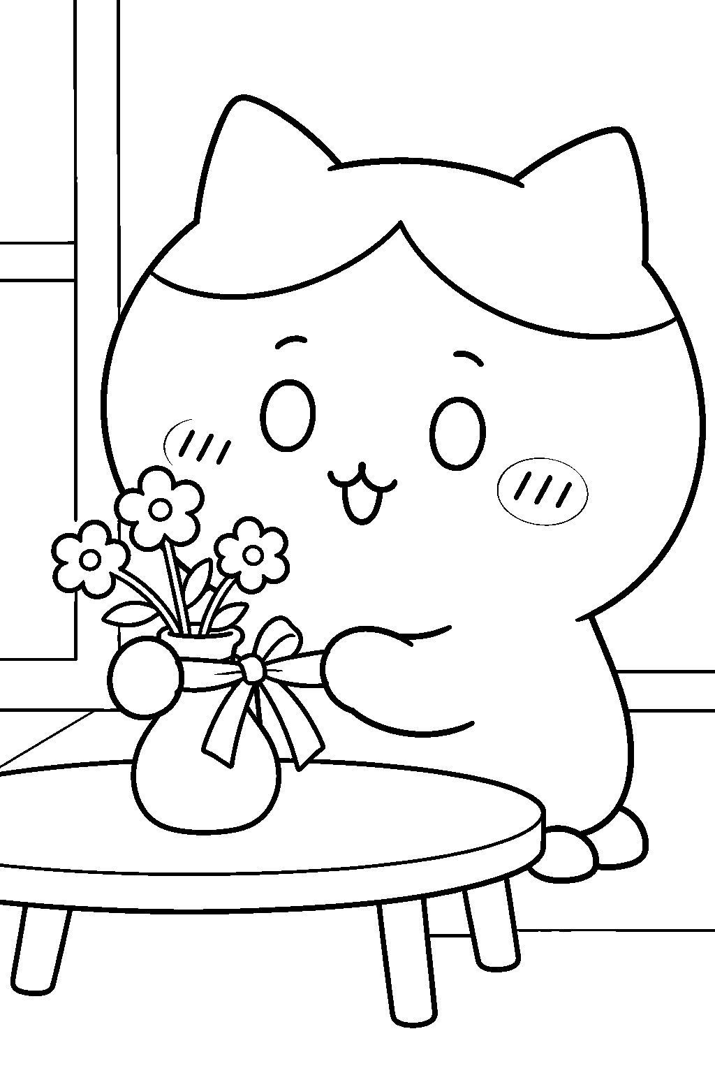 hachiware tying a ribbon around a flower vase line art