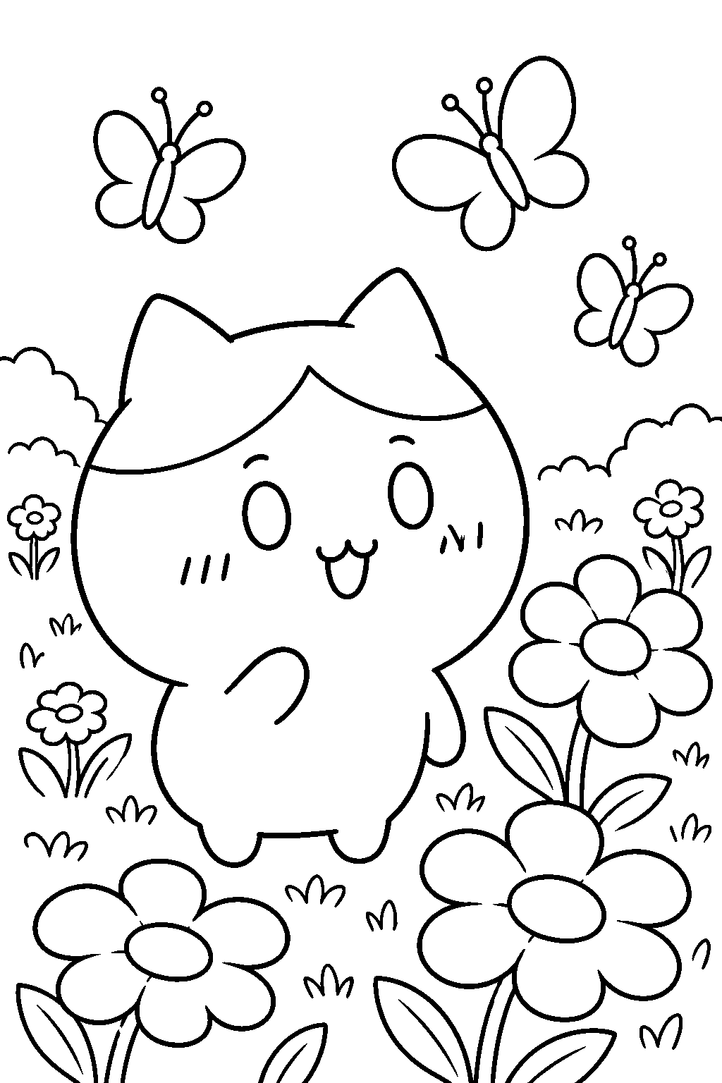 hachiware watching butterflies in a flower meadow line art