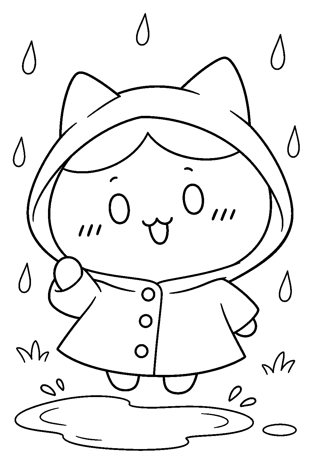 hachiware wearing a hooded raincoat beside a puddle line art