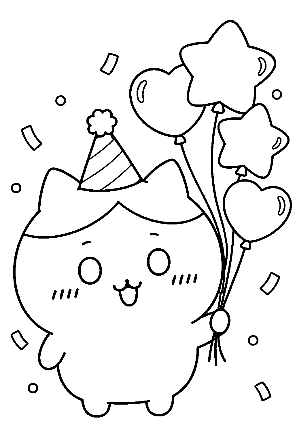 hachiware wearing a party hat beside star and heart balloons line art