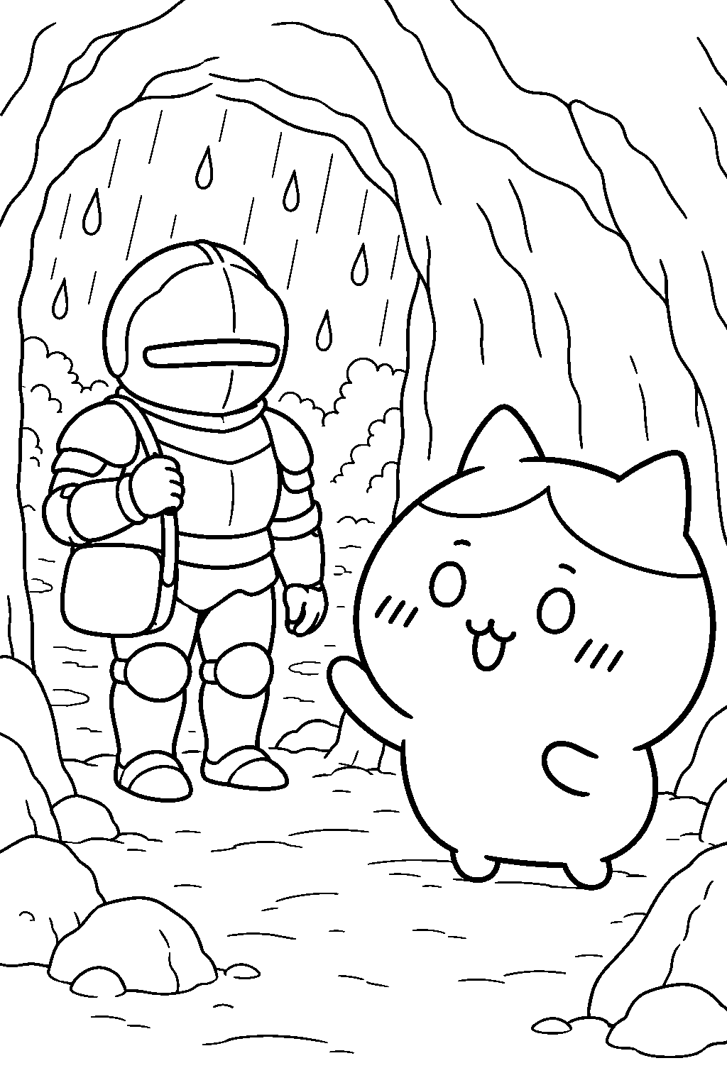 hachiware welcoming pochette yoroi san into the cave during rain line art