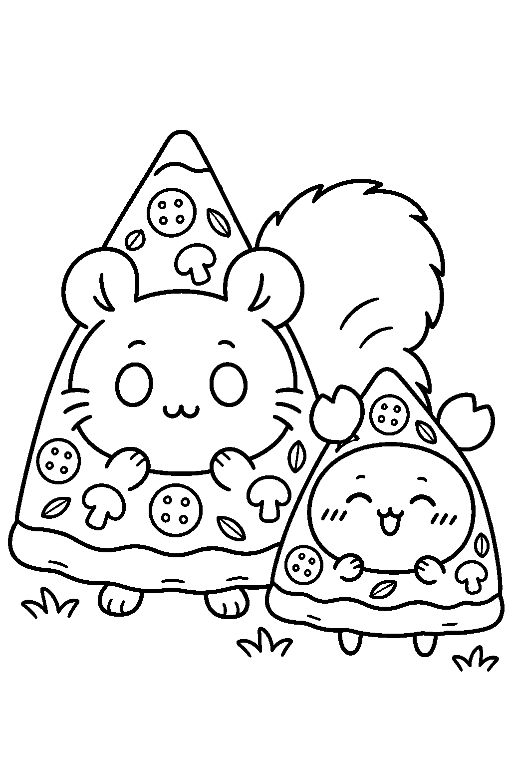 chiikawa momonga and kani wearing matching pizza costumes for halloween line art