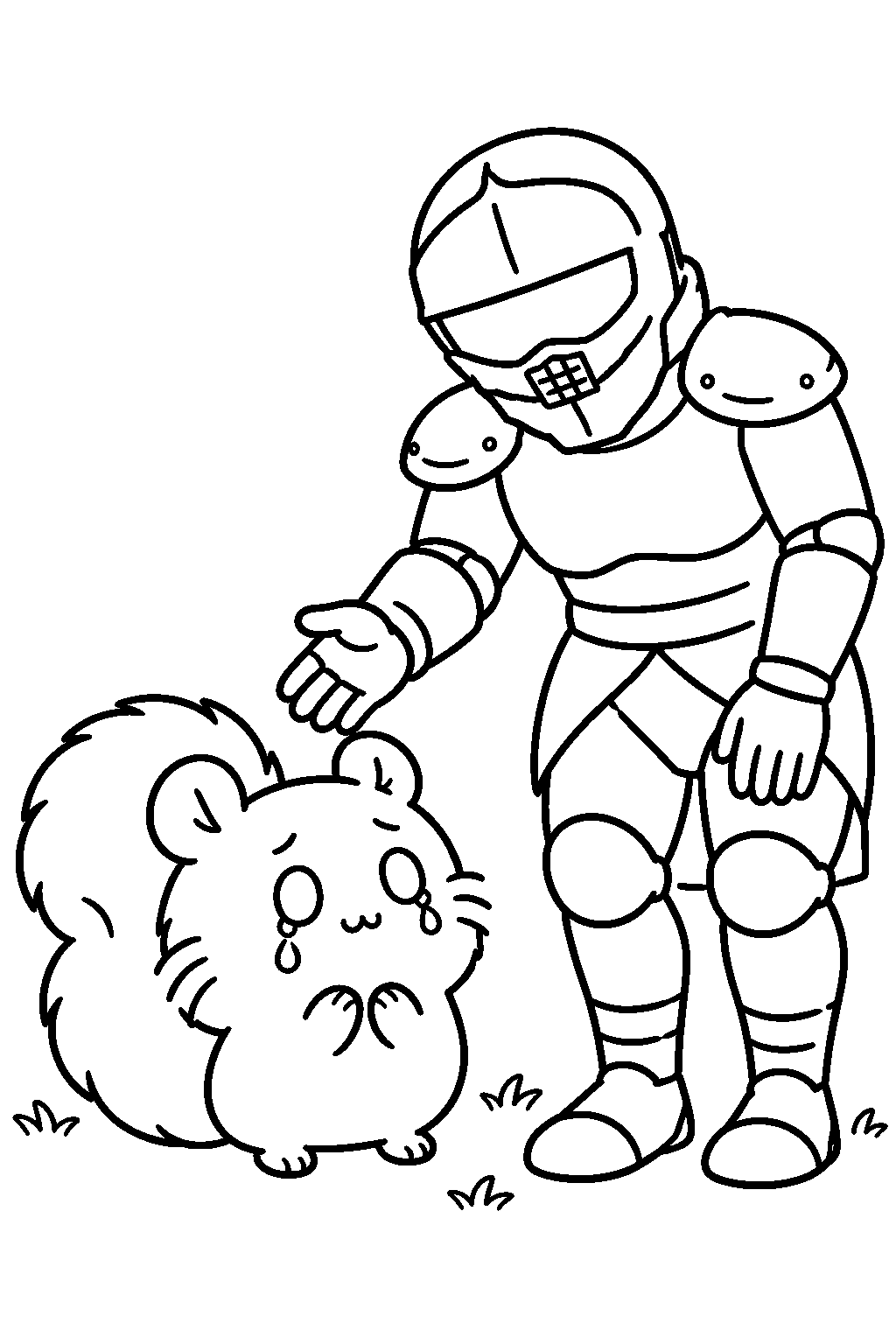 chiikawa momonga asking yoroi san for comfort with teary eyes line art